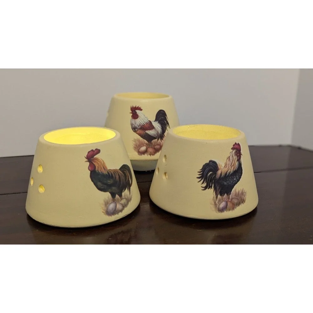Set of 3 Rooster Ceramic Candle Shades Farmhouse Country Votive Tealight Covers
